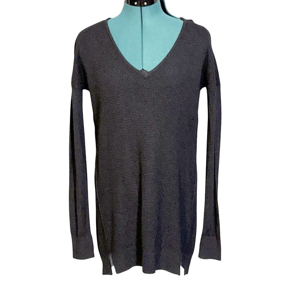 Lululemon Womens V Neck Waffle Knit Tunic Sweater Black Side Slits 30in